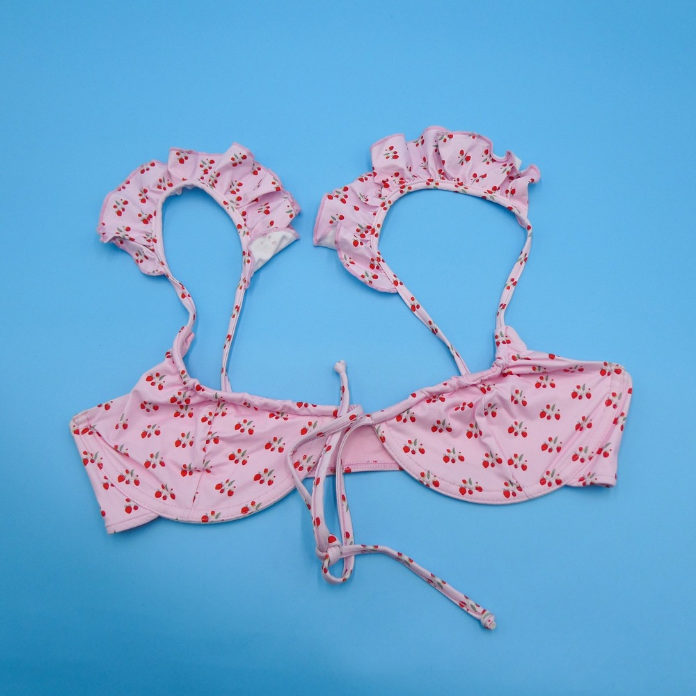 Frankies Bikinis Bikini Top Womens Large Cherry Print Pink Ruffle Recycled Nylon